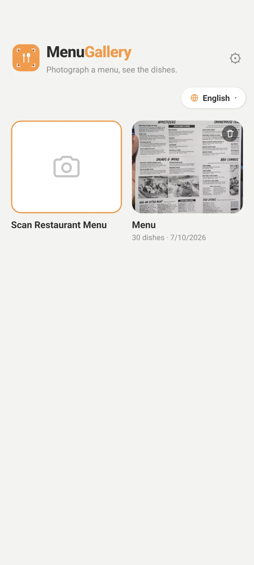 MenuGallery home screen with a scan-restaurant-menu button and a previously saved menu of 30 dishes