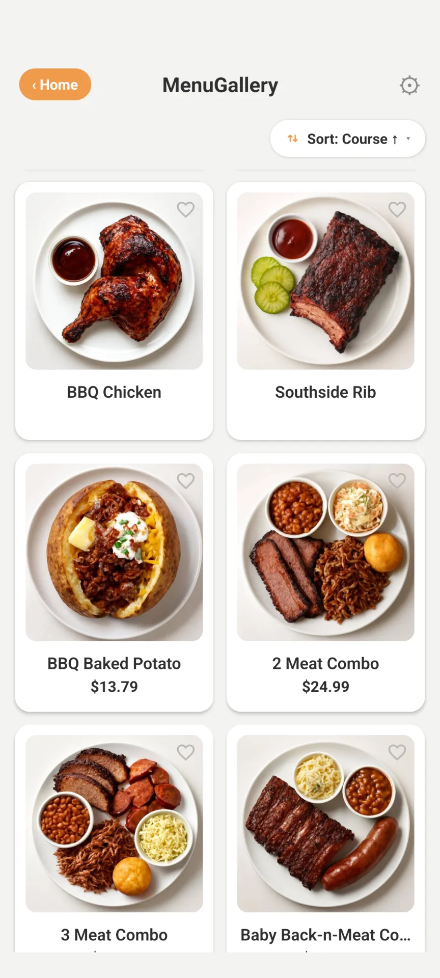 MenuGallery results screen: a grid of dishes from a scanned menu, each with an appetizing photo, name and price