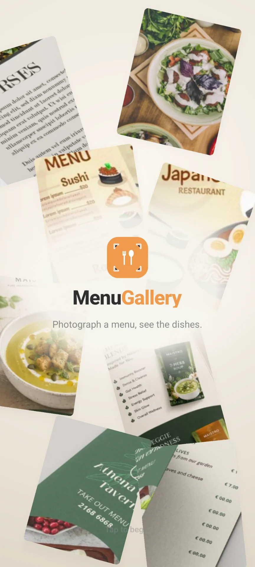 MenuGallery splash screen: the MenuGallery logo over a collage of restaurant menus, with the tagline "Photograph a menu, see the dishes."